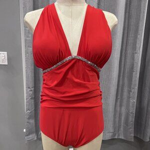 Red Custom One Piece V-Neck Swimsuit